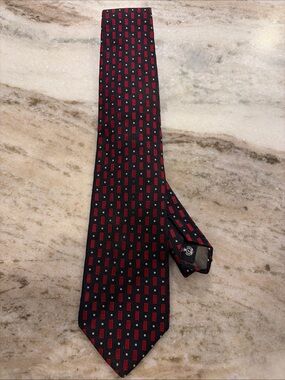 Faconnable Men’s Geometric Rectangles Dots Red Blue Silk Neck Tie